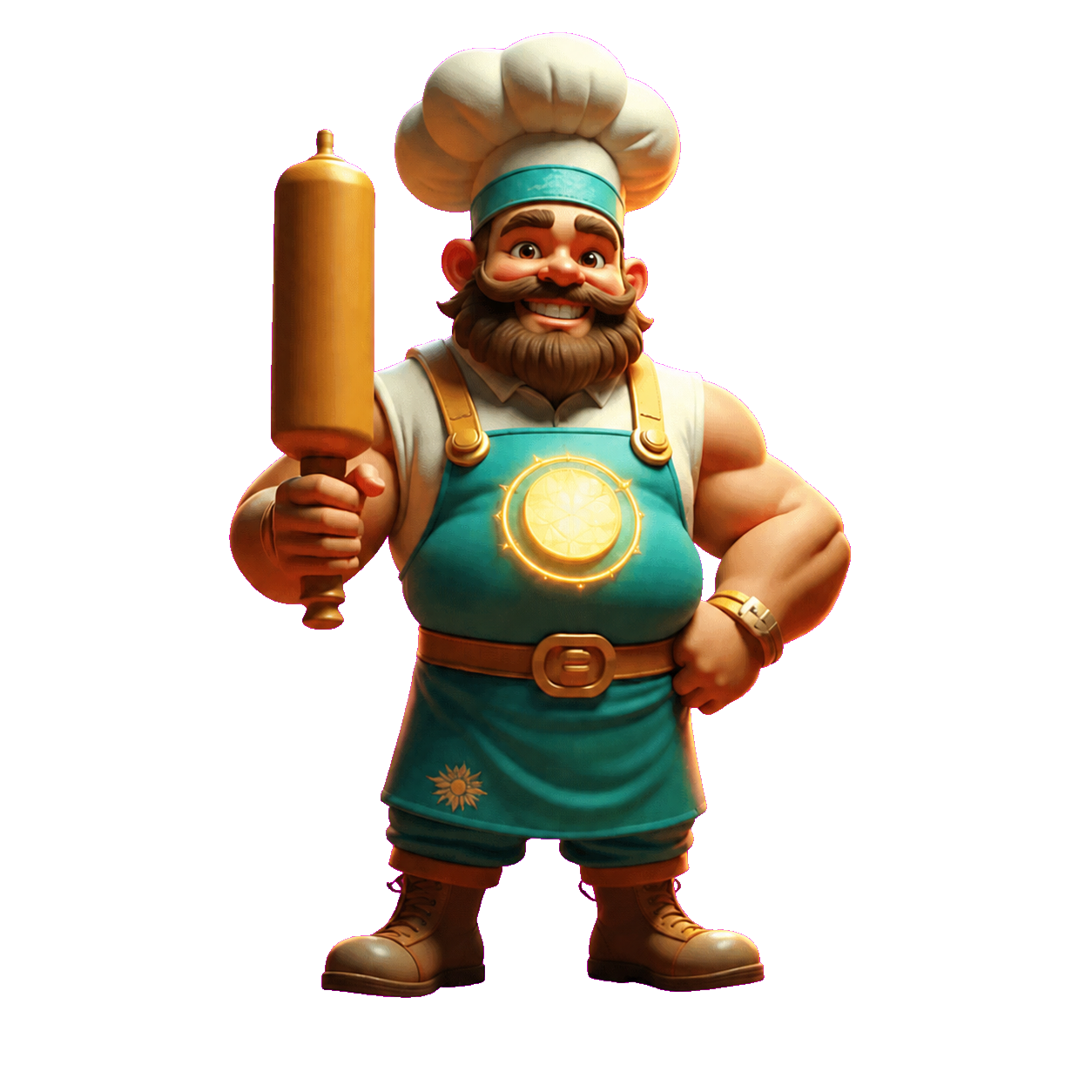 BakedMate chef holding a golden rolling pin